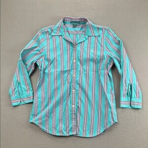 Lauren Ralph Lauren Striped Button Down Shirt Women’s M Cotton Teal Multicolor